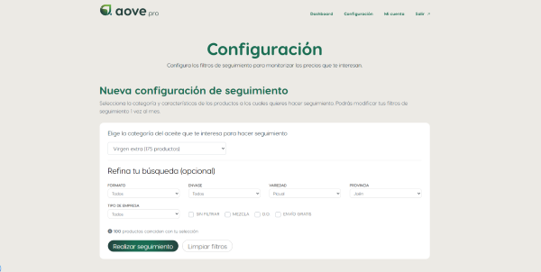 Configuración de un seguimiento de precios de aceite en aove.pro